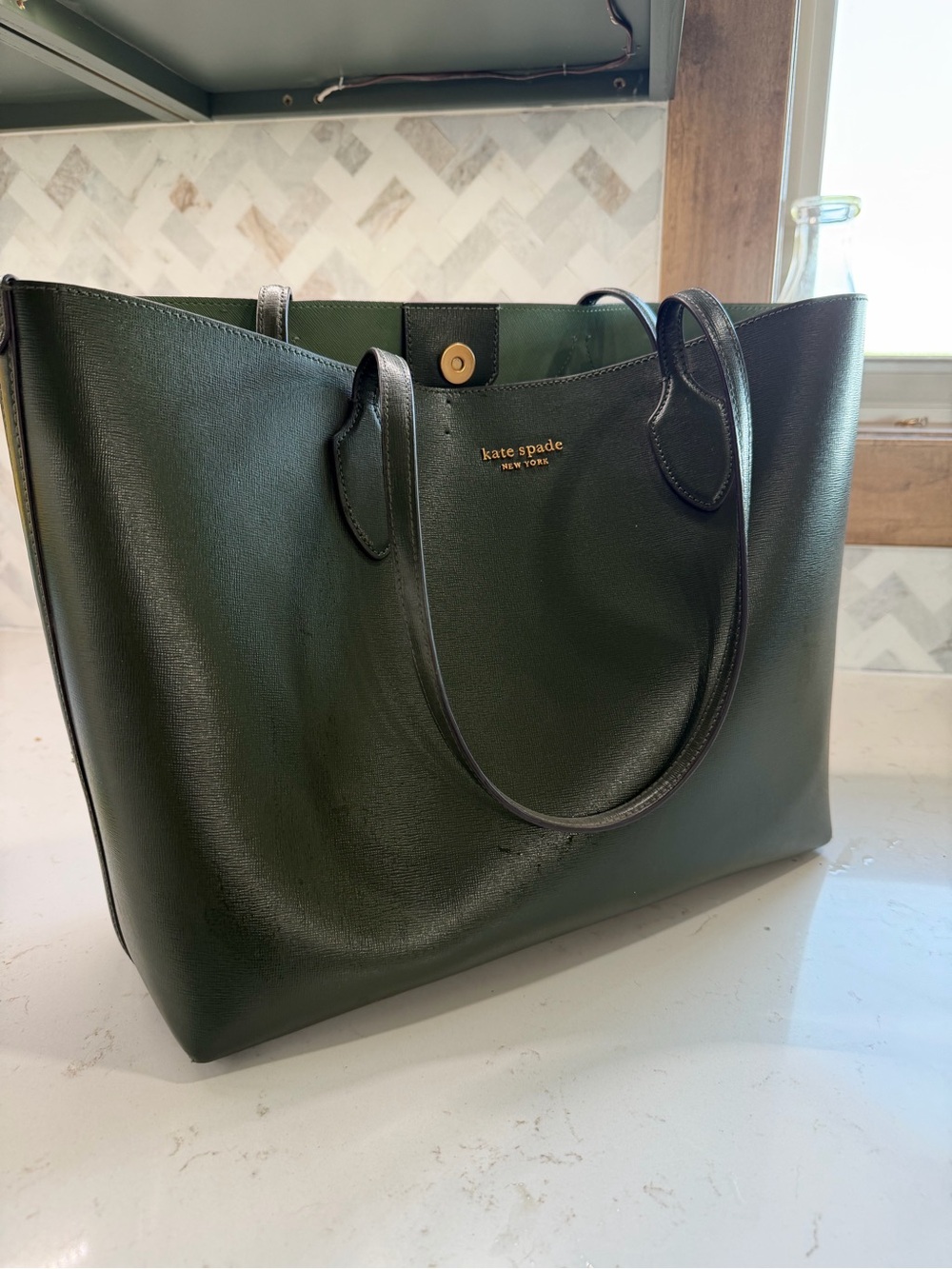 kate spade Dark Green Leather Tote with Gold Logo